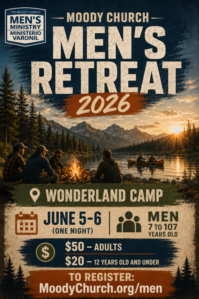 Men's Retreat 2026 poster for Wonderland Camp featuring a fire circle at sunset and mountain backdrop, with registration info at the bottom.