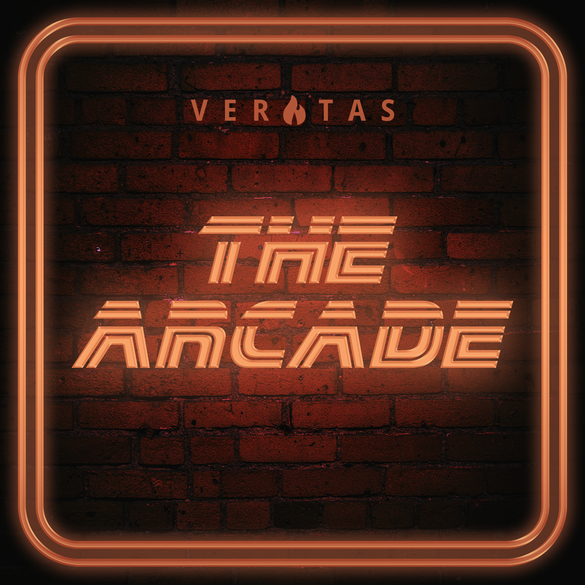 Red/orange neon sign on a dark brick wall, displaying the word 'VERTAS' with a flame icon and 'ARCADE' below.