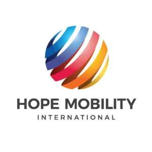 Hope Mobility International logo with a colorful globe made of curved ribbons and bold black text below.