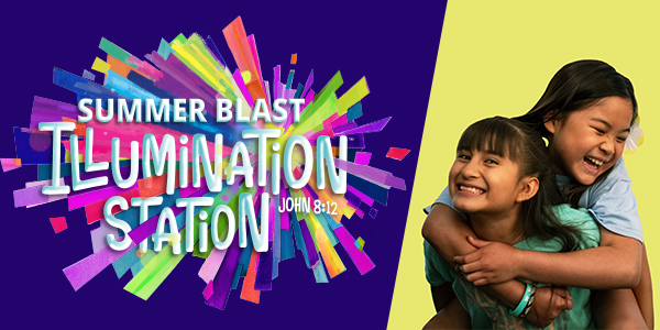 TMCN Summer Blast Colorful burst graphic with 'Summer Blast Illumination Station' and two smiling kids hugging on a yellow background.
