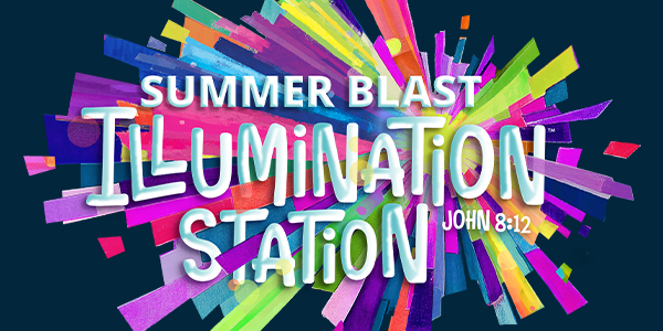 Vibrant burst of rainbow ribbons with the words 'SUMMER BLAST ILLUMINATION STATION' and a Bible verse reference John 8:12, set on a dark background (event banner).