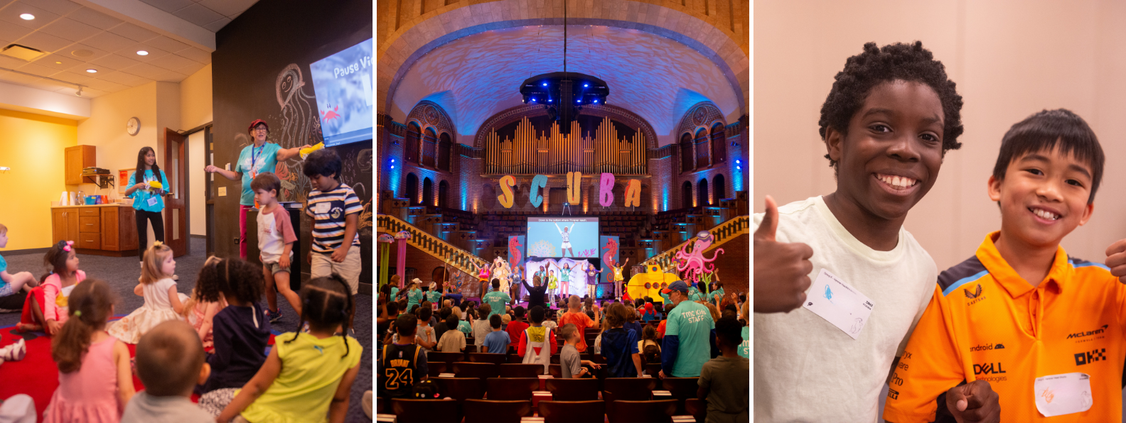 Collage of a kids' camp: classroom activity, big-stage performance in a grand hall, and two smiling boys giving thumbs up.