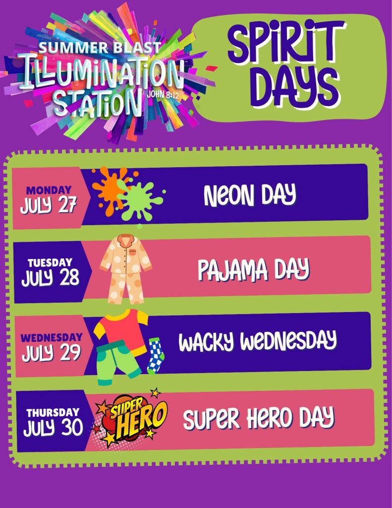 Spirit Days (1) Poster advertising Spirit Days and events for a summer camp: Neon Day, Pajama Day, Wacky Wednesday, etc., with bright colors and playful fonts.