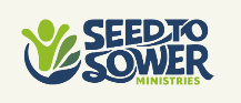 Seed to Power Ministries logo featuring a blue wordmark and a circular emblem with a green stylized person and leaf