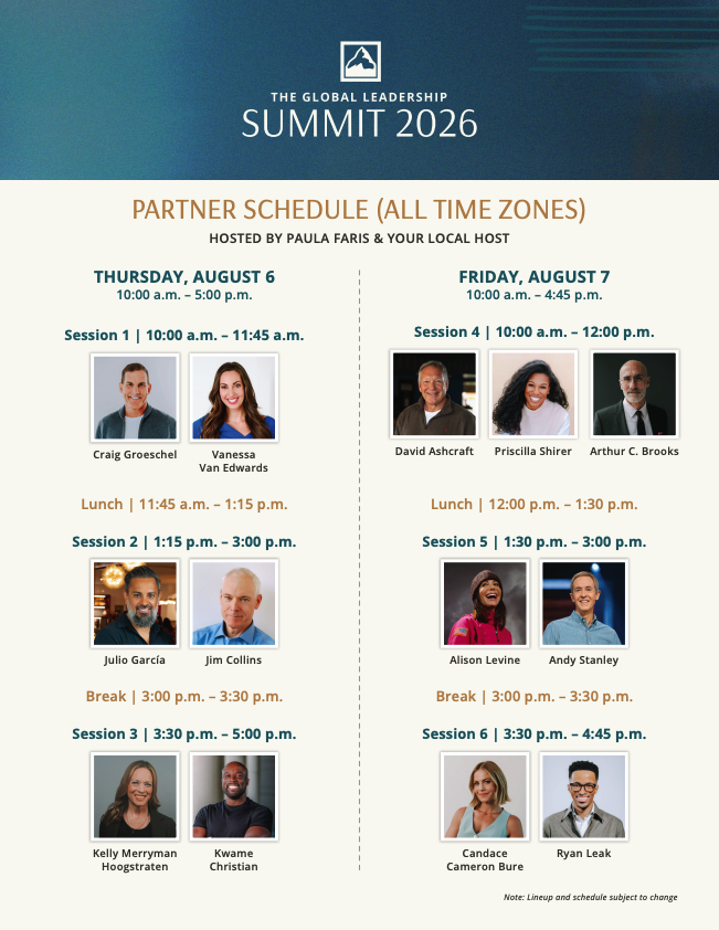 Screenshot 2026-07-21 at 2.50.48 PM Poster for The Global Leadership Summit 2026 showing the partner schedule across two days with session times and headshots of speakers.